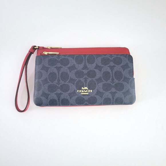 Coach CX161 Double Zip Wallet Signature Canvas Wristlet Denim Bold Red Clutch - Picture 4 of 8